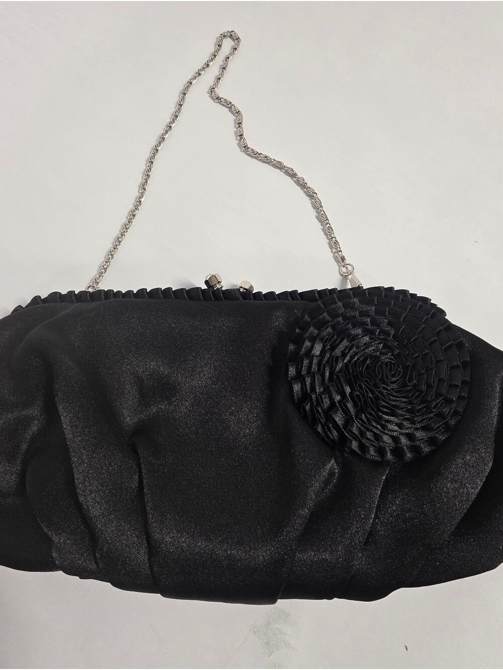 Unbranded Black Satin Formal Evening Bag/Frame Clutch With Floral Rosette